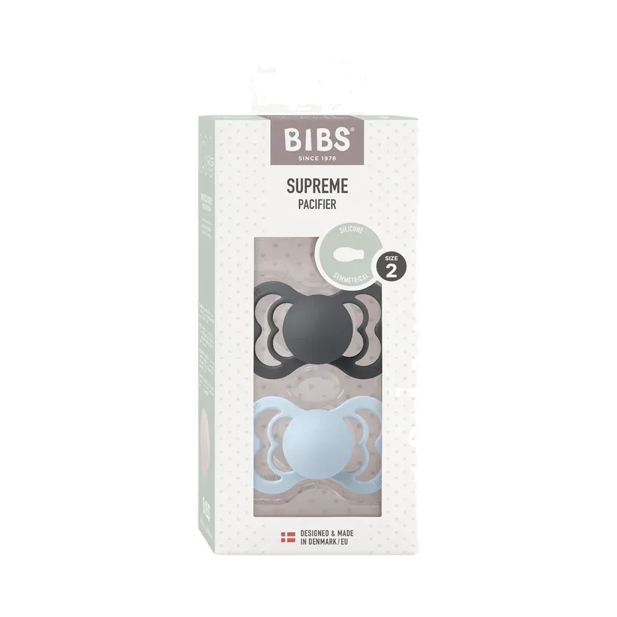 2 sucettes Supreme symétriques Iron / Baby Blue Bibs 6-18 mois Lot de 2 sucettes Bibs Supreme symétriques Iron / Baby Blue pour bébé de 6 à 18 mois