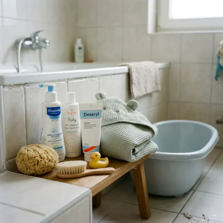 Produits de toilette pour bébé : gel lavant, crème, éponge et serviette