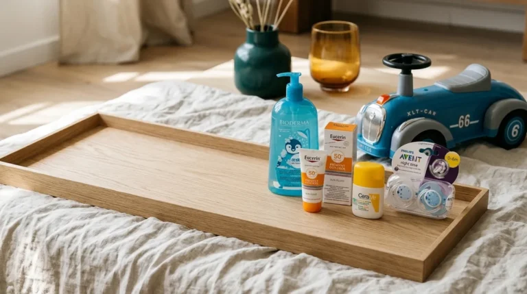 Produits de toilette bébé, crème solaire, sucettes et voiture à pousser sur un plateau en bois