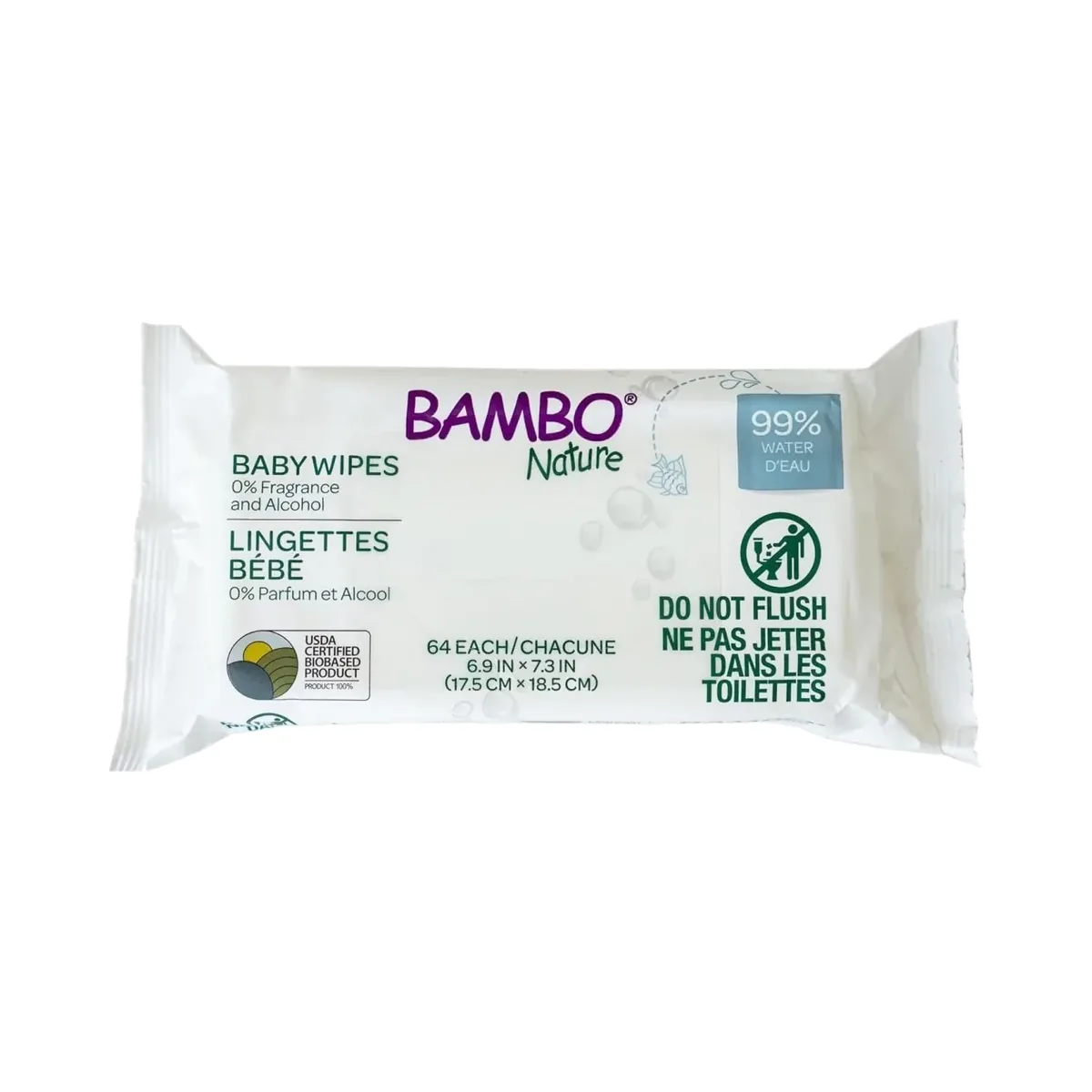 Bambo Nature, 64 lingettes imbibées d'eau, sans parfum Paquet de 64 lingettes imbibées d'eau sans parfum Bambo Nature