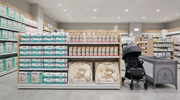Rayon puériculture avec couches Bambo, biberons Nuk, tapis d éveil, poussette et lit parapluie