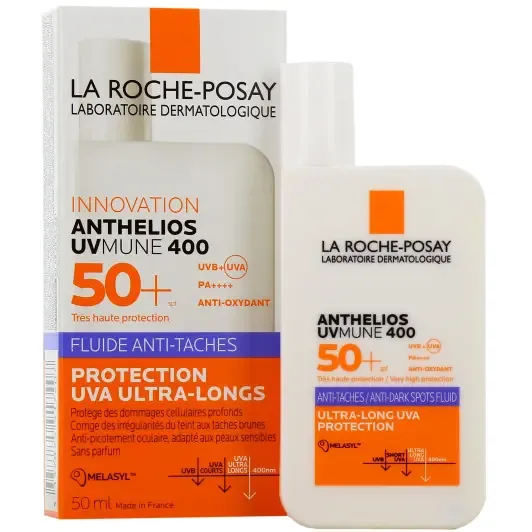 Fluide solaire anti-taches Anthelios UVMune 400 SPF 50+ LRP 50 ml Fluide solaire anti-taches Anthelios UVMune 400 SPF 50+ LRP 50 ml – La Roche-Posay