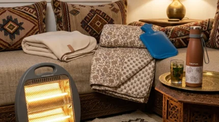Hiver au chaud : plaid polaire, bouillotte, couverture, chaussons, bouteille isotherme et chauffage