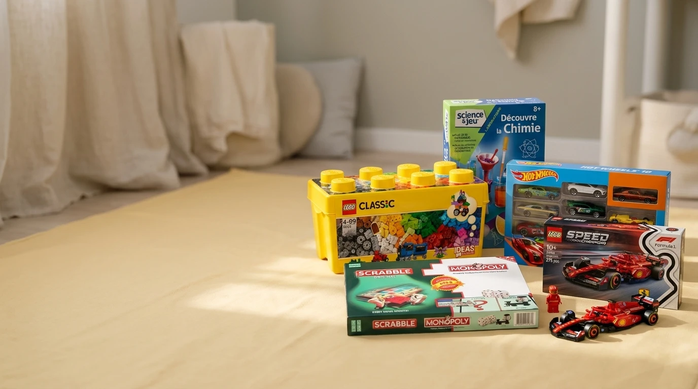 Jouets : Lego Classic, Hot Wheels, Scrabble et Monopoly dans une chambre d’enfant