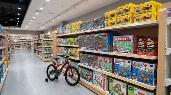 Rayon jouets avec boîtes LEGO Classic, Hot Wheels, Monopoly, UNO, VTech Marble Rush et vélo enfant