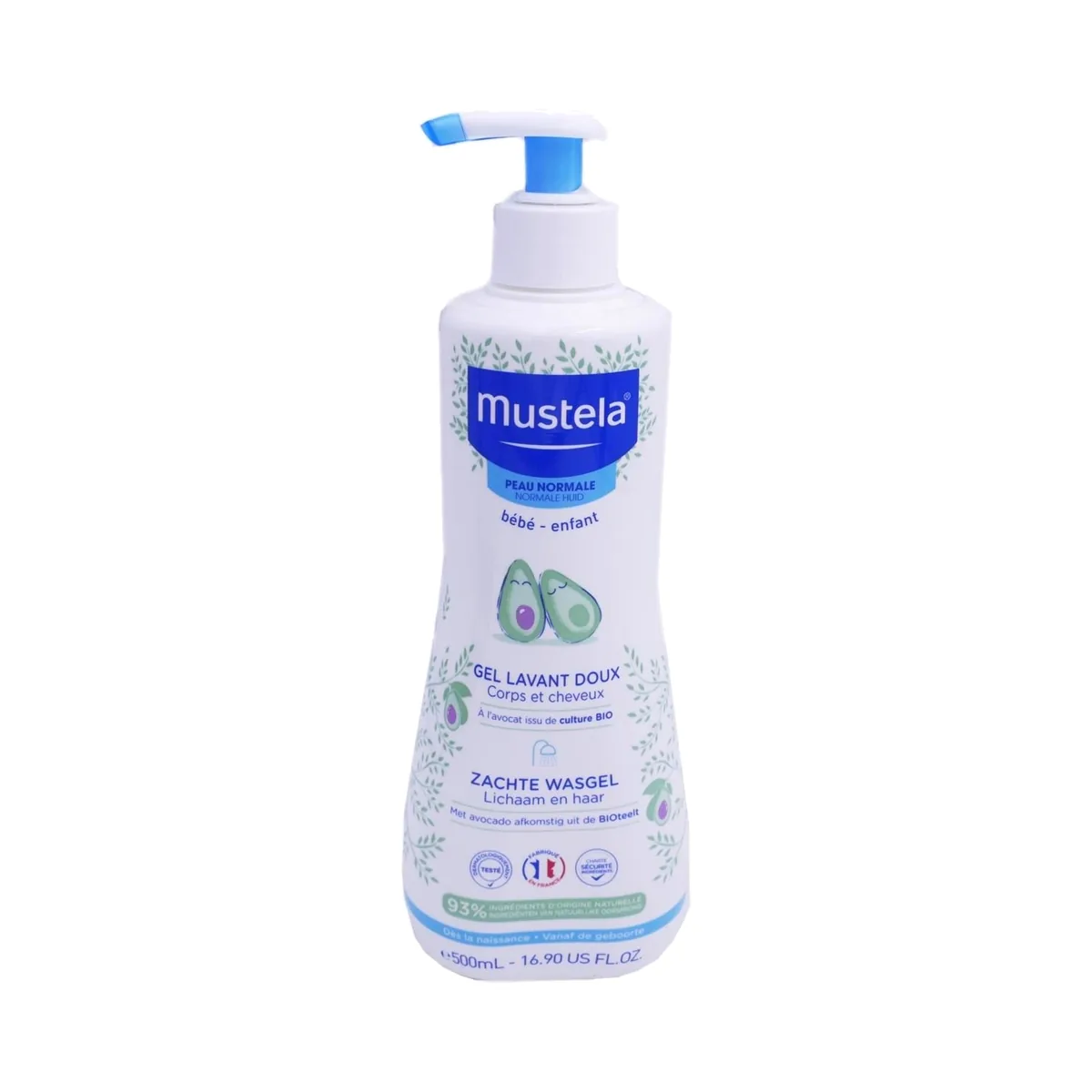 Mustela, gel douceur pour laver cheveux et corps, 500 ml Flacon pompe de gel lavant doux cheveux et corps Mustela 500 ml