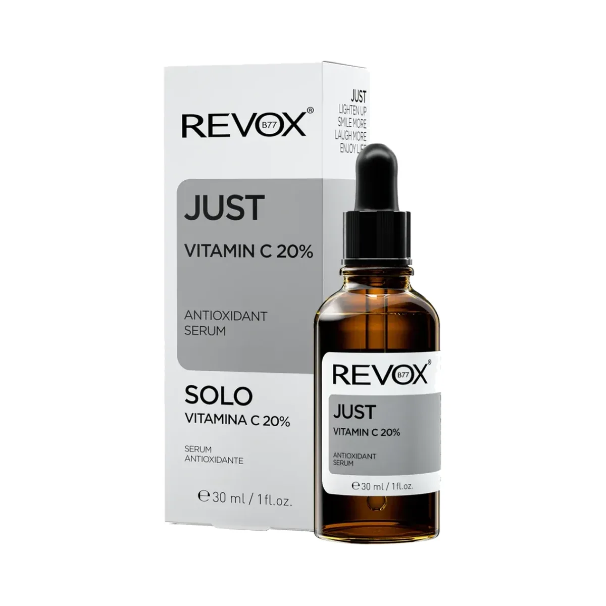 Sérum antioxydant Vitamine C 20 % Revox Just 30 ml Boîte et flacon compte-gouttes de 30 ml du sérum Just Vitamin C 20 % de Revox